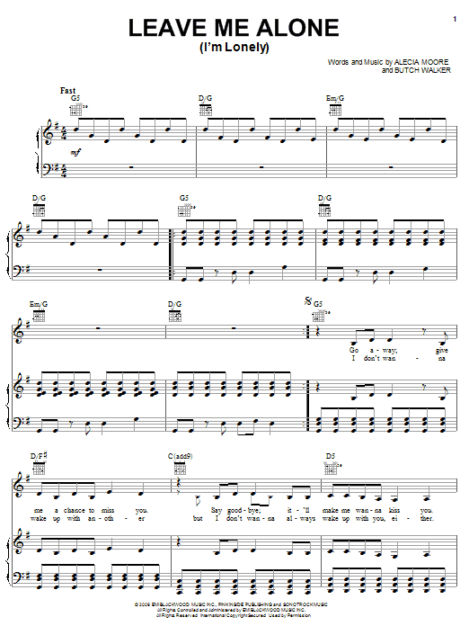 Pink Leave Me Alone (I'm Lonely) sheet music, chords, lyrics - Printable PDF for Piano, Vocal & Guitar (Right-Hand Melody)