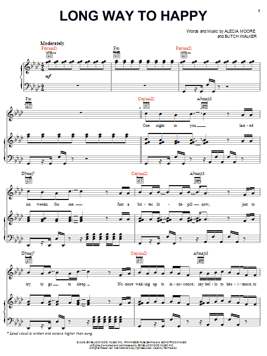 Pink Long Way To Happy sheet music, chords, lyrics - Printable PDF for Piano, Vocal & Guitar (Right-Hand Melody)