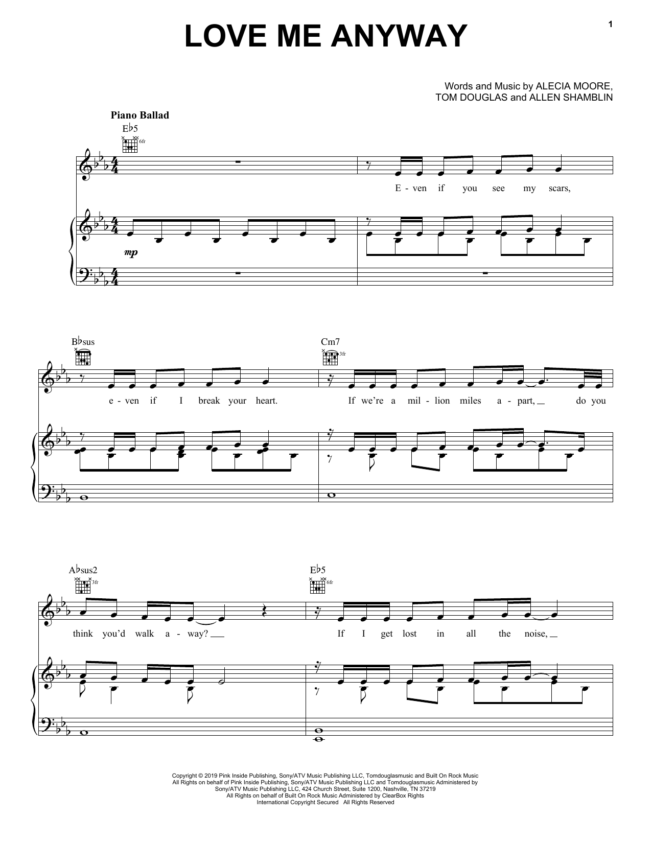 Pink Love Me Anyway (feat. Chris Stapleton) sheet music, chords, lyrics - Printable PDF for Piano, Vocal & Guitar (Right-Hand Melody)