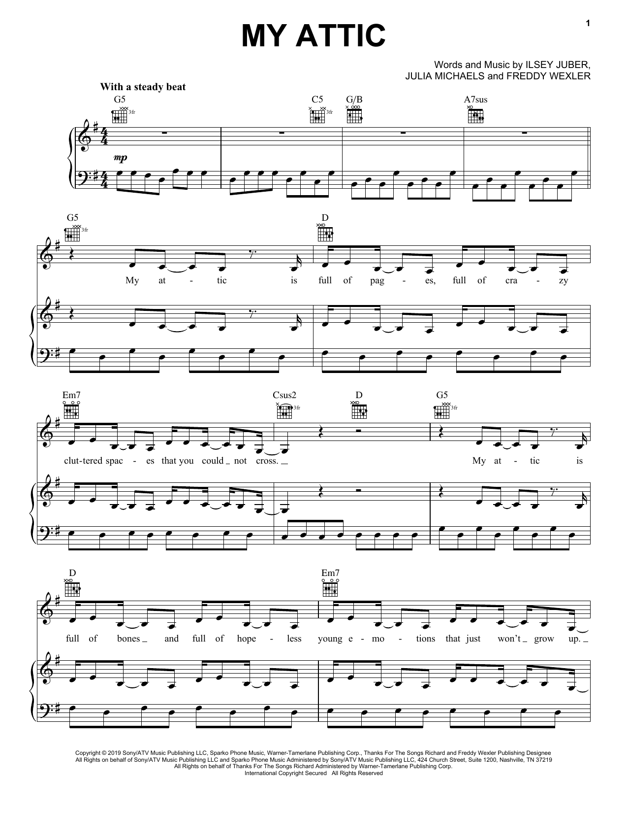 Pink My Attic sheet music, chords, lyrics - Printable PDF for Piano, Vocal & Guitar (Right-Hand Melody)
