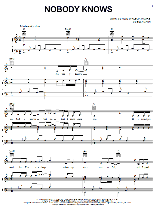 Pink Nobody Knows sheet music, chords, lyrics - Printable PDF for Piano, Vocal & Guitar (Right-Hand Melody)