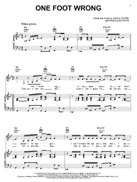 Pink One Foot Wrong sheet music, chords, lyrics - Printable PDF for Piano, Vocal & Guitar (Right-Hand Melody)