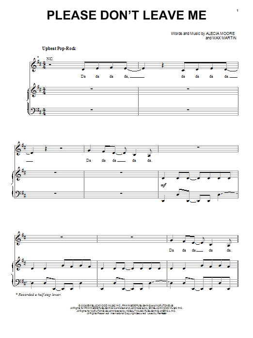 Pink Please Don't Leave Me sheet music, chords, lyrics - Printable PDF for Piano, Vocal & Guitar (Right-Hand Melody)