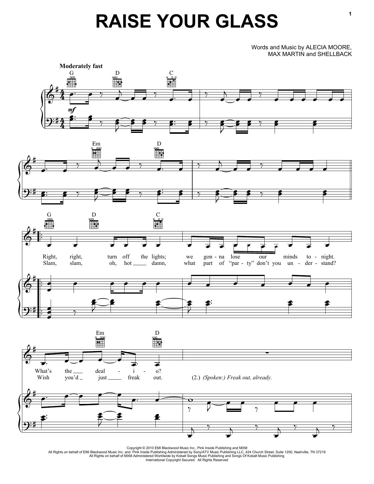 Pink Raise Your Glass sheet music, chords, lyrics - Printable PDF for Piano, Vocal & Guitar (Right-Hand Melody)