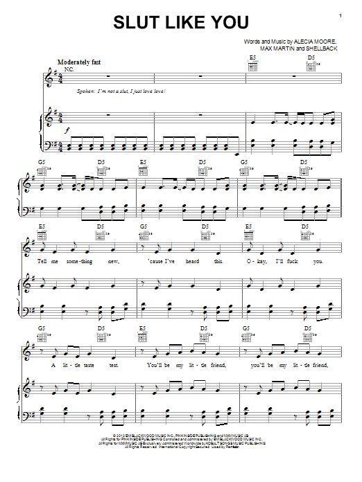 Pink Slut Like You sheet music, chords, lyrics - Printable PDF for Piano, Vocal & Guitar (Right-Hand Melody)