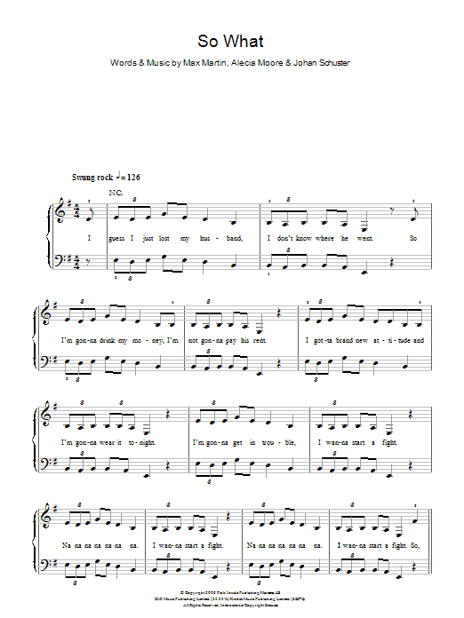 Pink So What sheet music, chords, lyrics - Printable PDF for Beginner Piano
