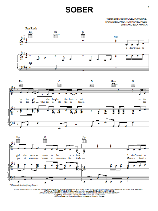 Pink Sober sheet music, chords, lyrics - Printable PDF for Piano, Vocal & Guitar (Right-Hand Melody)
