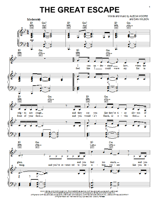 Pink The Great Escape sheet music, chords, lyrics - Printable PDF for Piano, Vocal & Guitar (Right-Hand Melody)