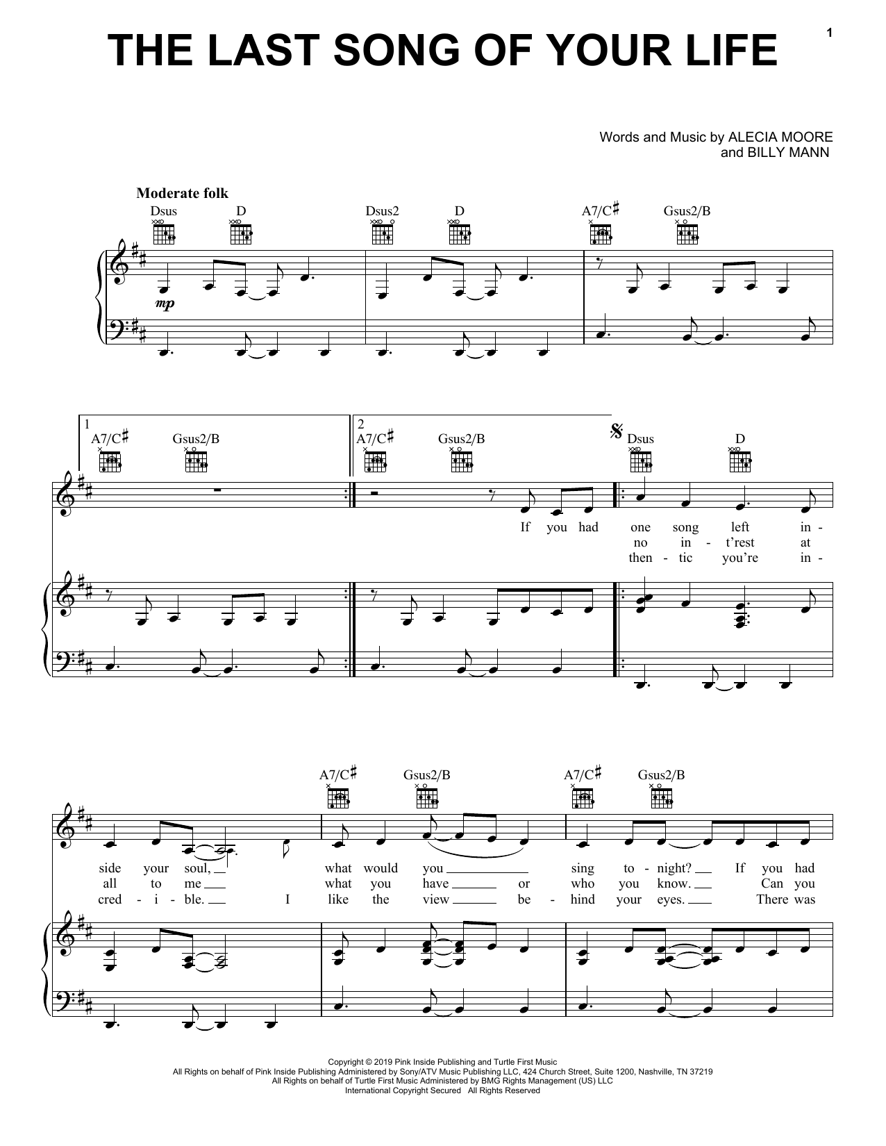 Pink The Last Song Of Your Life sheet music, chords, lyrics - Printable PDF for Piano, Vocal & Guitar (Right-Hand Melody)