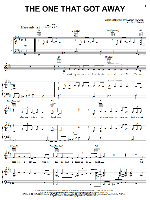 Pink The One That Got Away sheet music, chords, lyrics - Printable PDF for Piano, Vocal & Guitar (Right-Hand Melody)