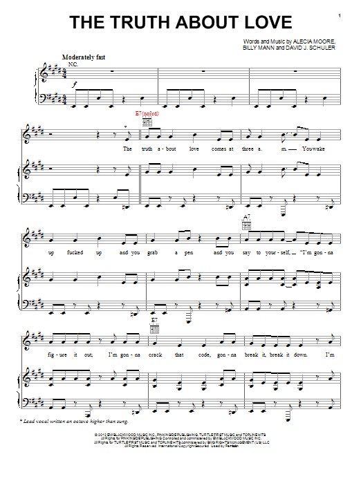Pink The Truth About Love sheet music, chords, lyrics - Printable PDF for Piano, Vocal & Guitar (Right-Hand Melody)