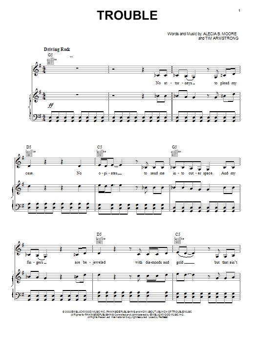 Pink Trouble sheet music, chords, lyrics - Printable PDF for Piano, Vocal & Guitar (Right-Hand Melody)