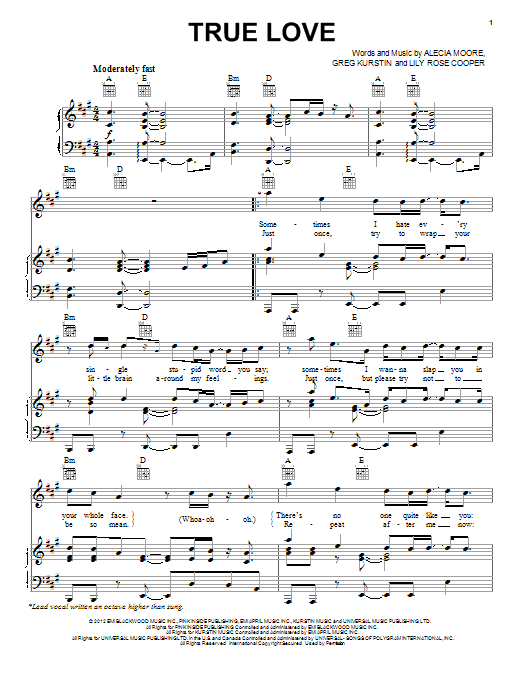 Pink True Love (feat. Lily Allen) sheet music, chords, lyrics - Printable PDF for Piano, Vocal & Guitar (Right-Hand Melody)