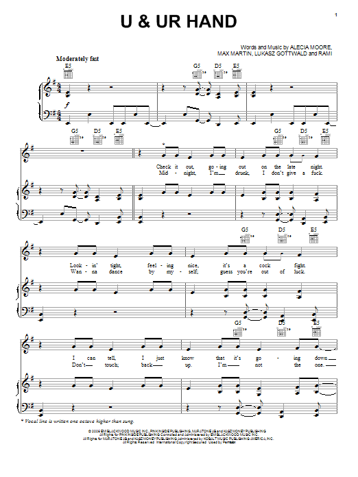 Pink U & UR Hand sheet music, chords, lyrics - Printable PDF for Piano, Vocal & Guitar (Right-Hand Melody)