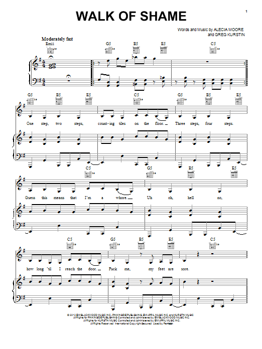 Pink Walk Of Shame sheet music, chords, lyrics - Printable PDF for Piano, Vocal & Guitar (Right-Hand Melody)