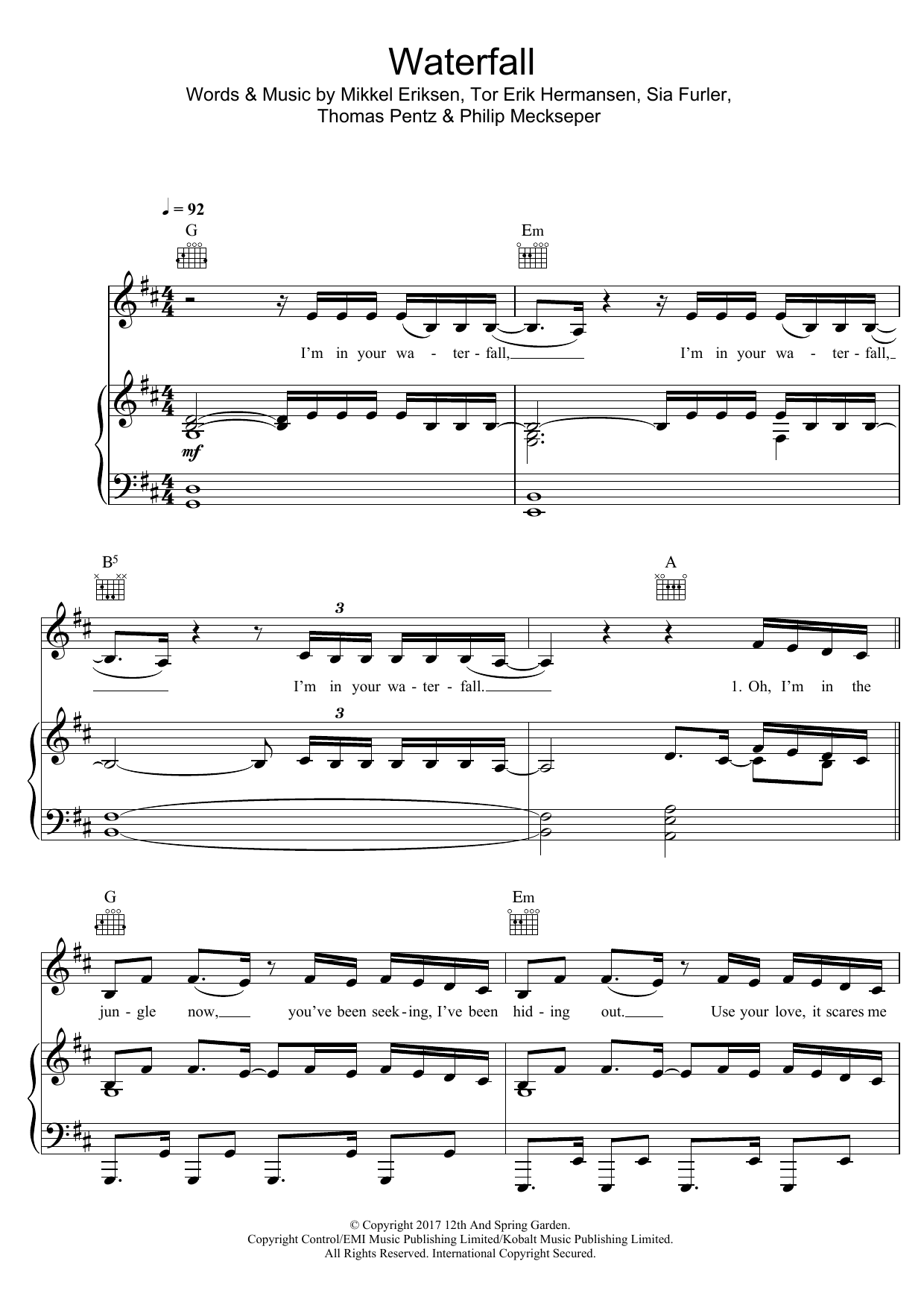Pink Waterfall (feat. Sia) sheet music, chords, lyrics - Printable PDF for Piano, Vocal & Guitar (Right-Hand Melody)