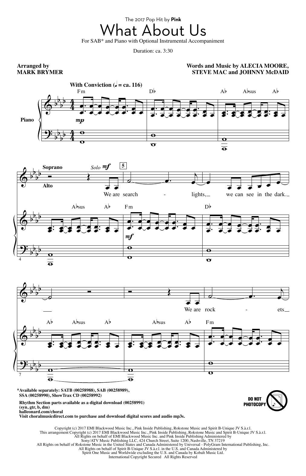 Pink What About Us (arr. Mark Brymer) sheet music, chords, lyrics - Printable PDF for SAB