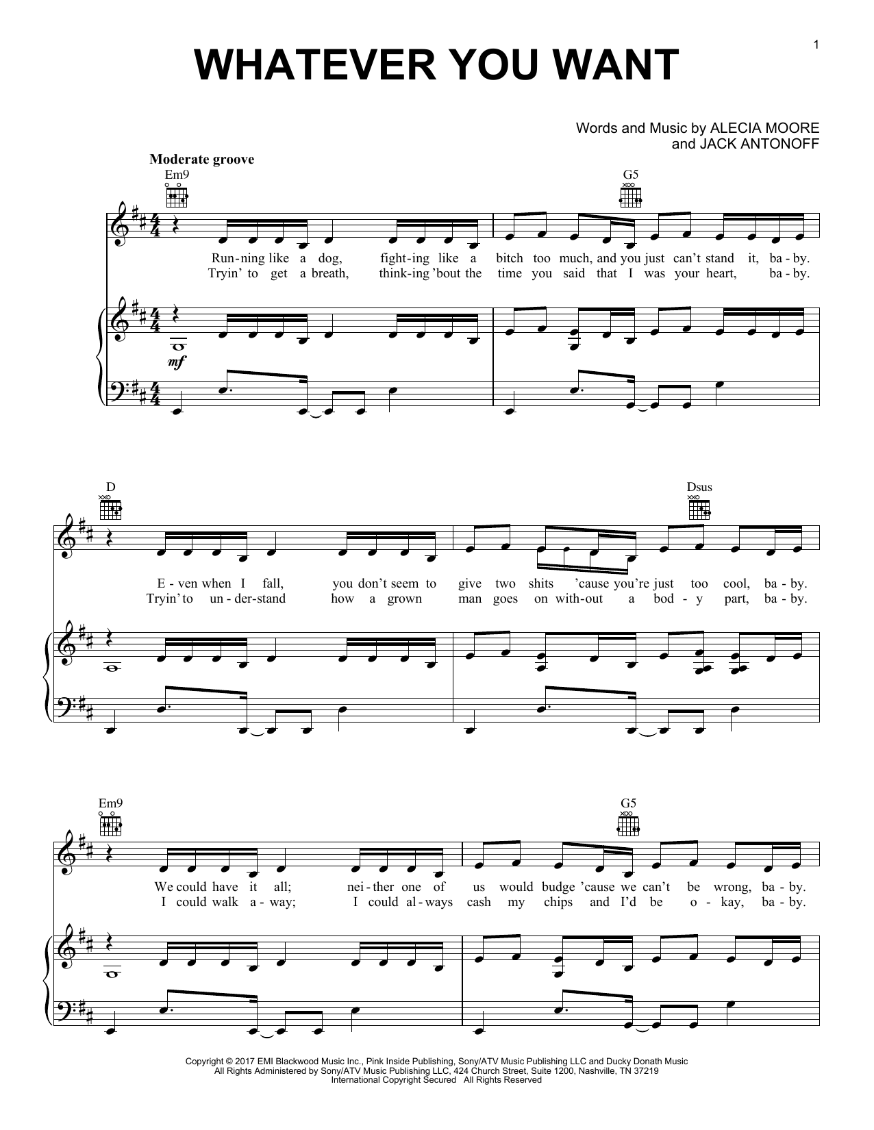 Pink Whatever You Want sheet music, chords, lyrics - Printable PDF for Piano, Vocal & Guitar (Right-Hand Melody)