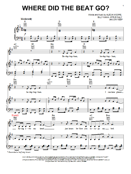 Pink Where Did The Beat Go? sheet music, chords, lyrics - Printable PDF for Piano, Vocal & Guitar (Right-Hand Melody)