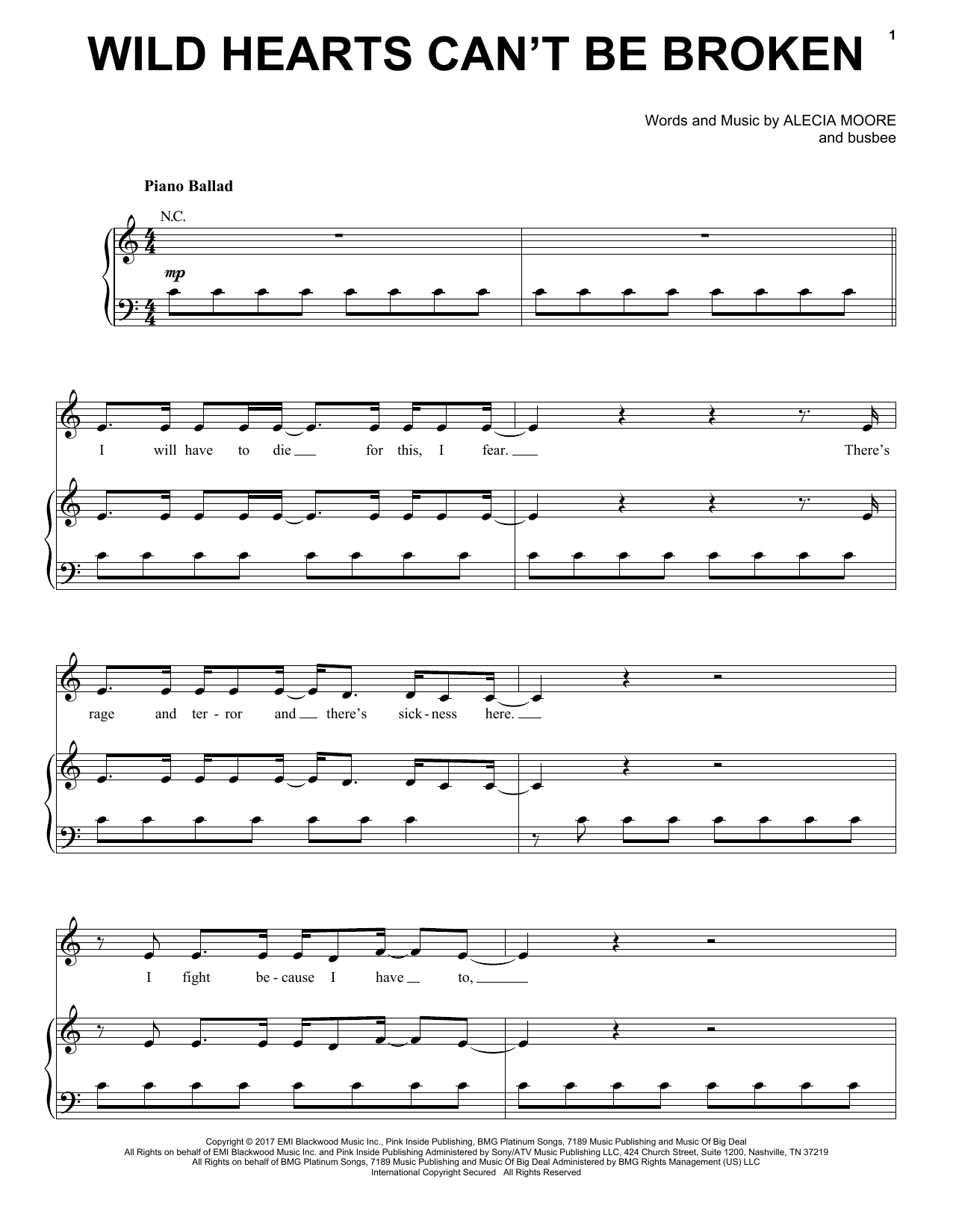 Pink Wild Hearts Can't Be Broken sheet music, chords, lyrics - Printable PDF for Piano, Vocal & Guitar (Right-Hand Melody)
