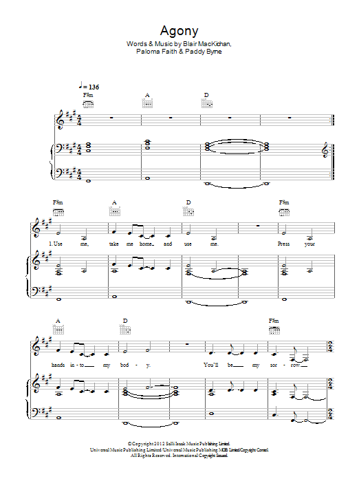 Learn to play Paloma Faith Agony sheet music for Piano, Vocal & Guitar (Right-Hand Melody) in minutes. Paloma Faith Agony sheet music preview music notes and score for Piano, Vocal & Guitar (Right-Hand Melody) including 5 page(s)
