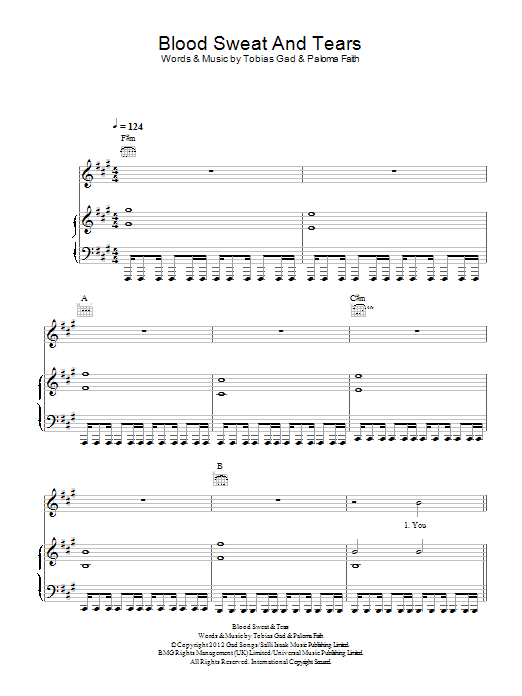 Learn to play Paloma Faith Blood Sweat & Tears sheet music for Piano, Vocal & Guitar (Right-Hand Melody) in minutes. Paloma Faith Blood Sweat & Tears sheet music preview music notes and score for Piano, Vocal & Guitar (Right-Hand Melody) including 6 page(s)