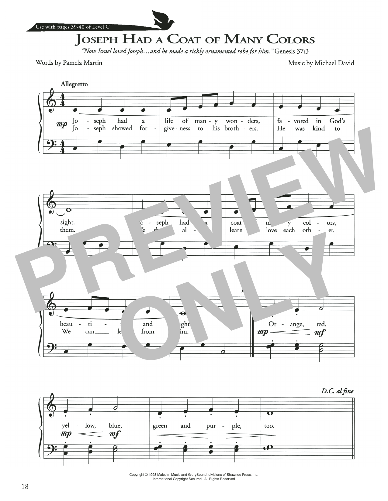 Pamela Martin Joseph Had A Coat Of Many Colors sheet music, chords, lyrics - Printable PDF for Piano Method