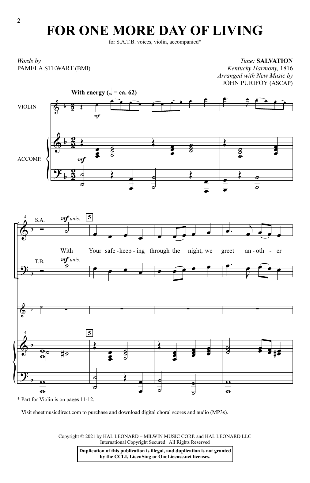 Pamela Stewart For One More Day Of Living (arr. John Purifoy) sheet music, chords, lyrics - Printable PDF for SATB Choir
