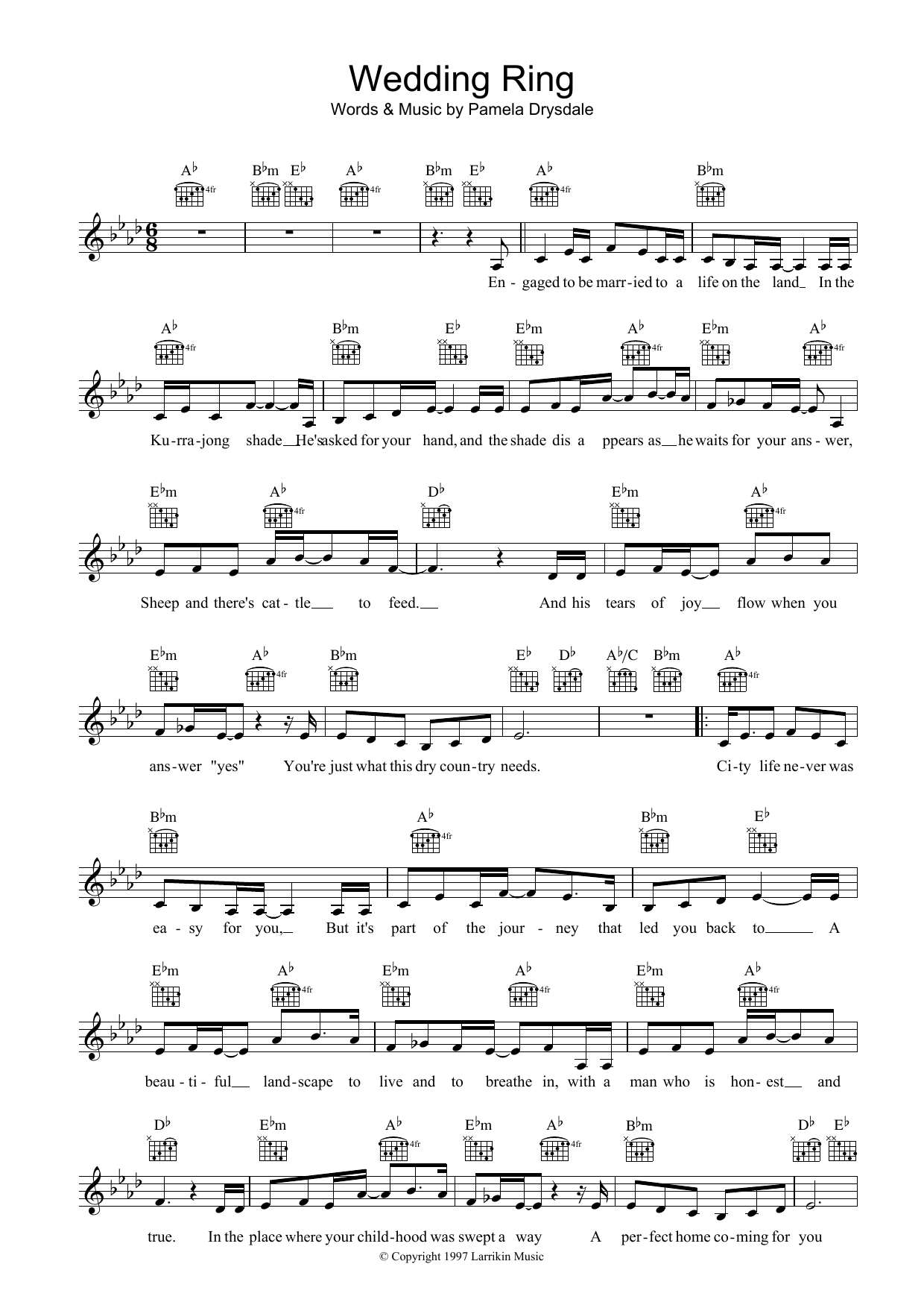 Learn to play Pamela Drysdale Wedding Ring sheet music for Melody Line, Lyrics & Chords in minutes. Pamela Drysdale Wedding Ring sheet music preview music notes and score for Melody Line, Lyrics & Chords including 2 page(s)