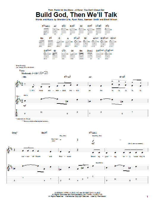 Panic! At The Disco Build God, Then We'll Talk sheet music, chords, lyrics - Printable PDF for Guitar Tab
