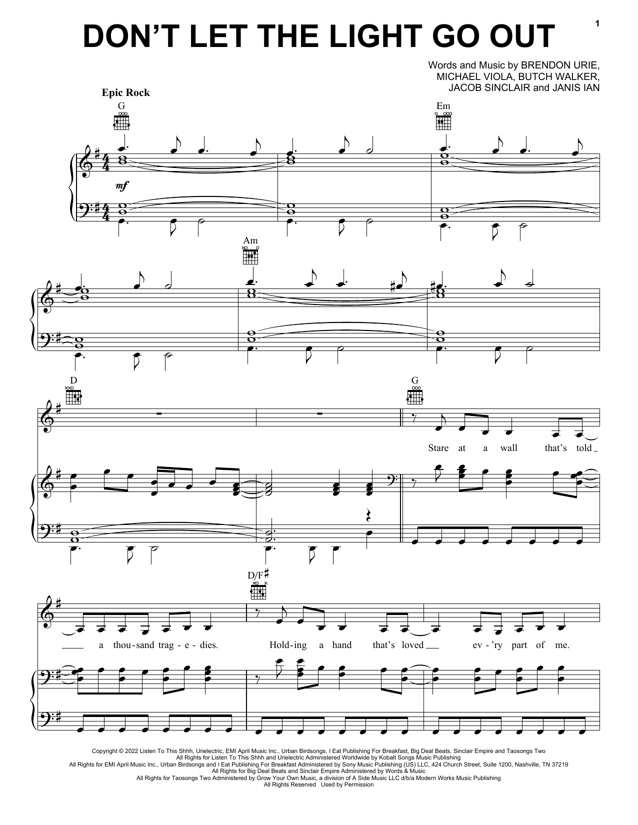 Panic! At The Disco Don't Let The Light Go Out Sheet Music