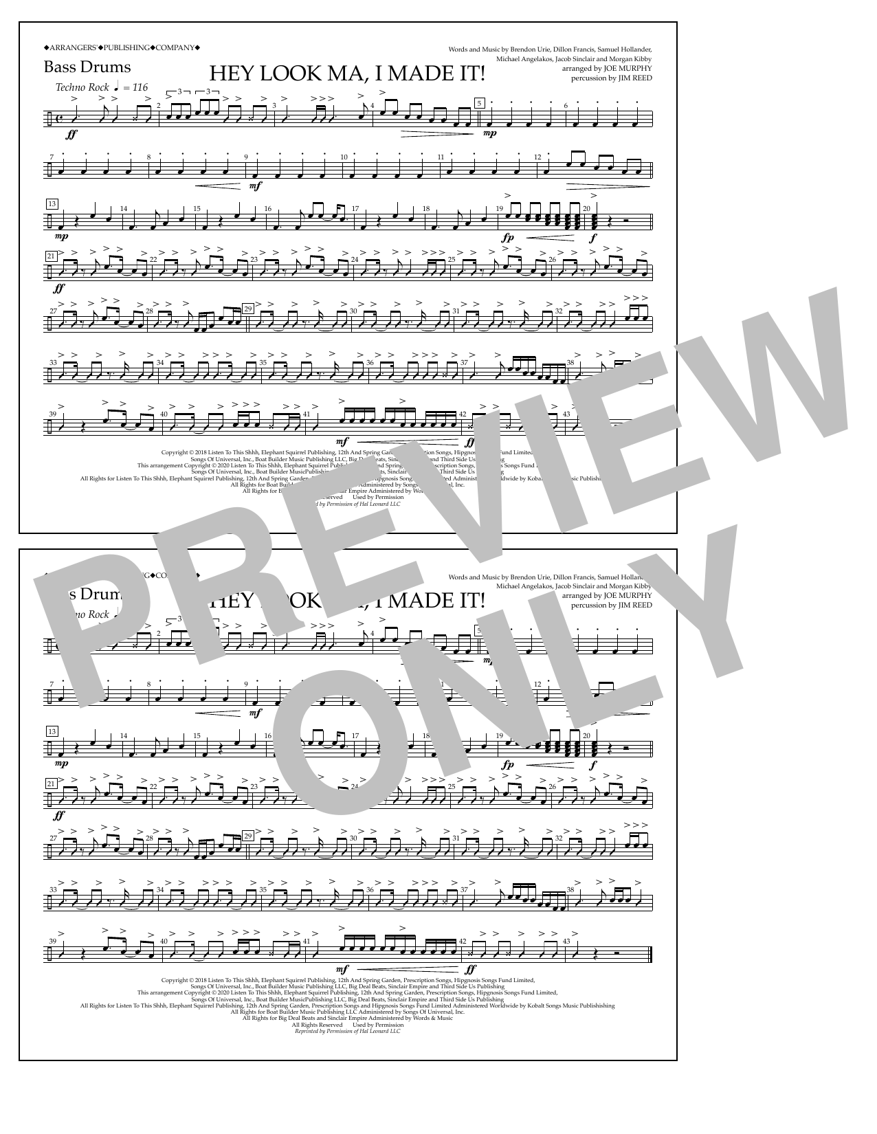 Panic! At The Disco Hey Look Ma, I Made It (arr. Joe Murphy) - Bass Drums sheet music, chords, lyrics - Printable PDF for Marching Band