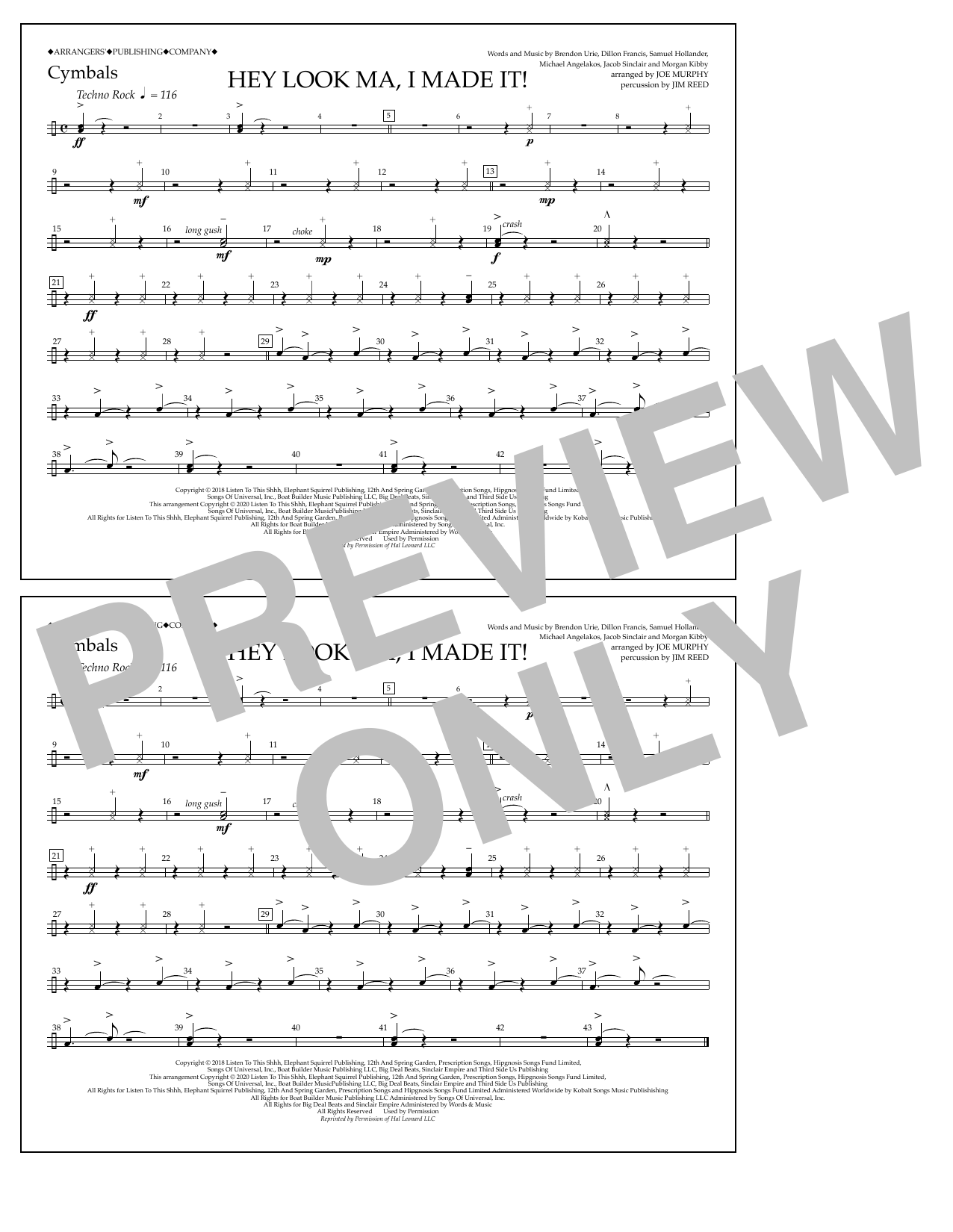Panic! At The Disco Hey Look Ma, I Made It (arr. Joe Murphy) - Cymbals sheet music, chords, lyrics - Printable PDF for Marching Band