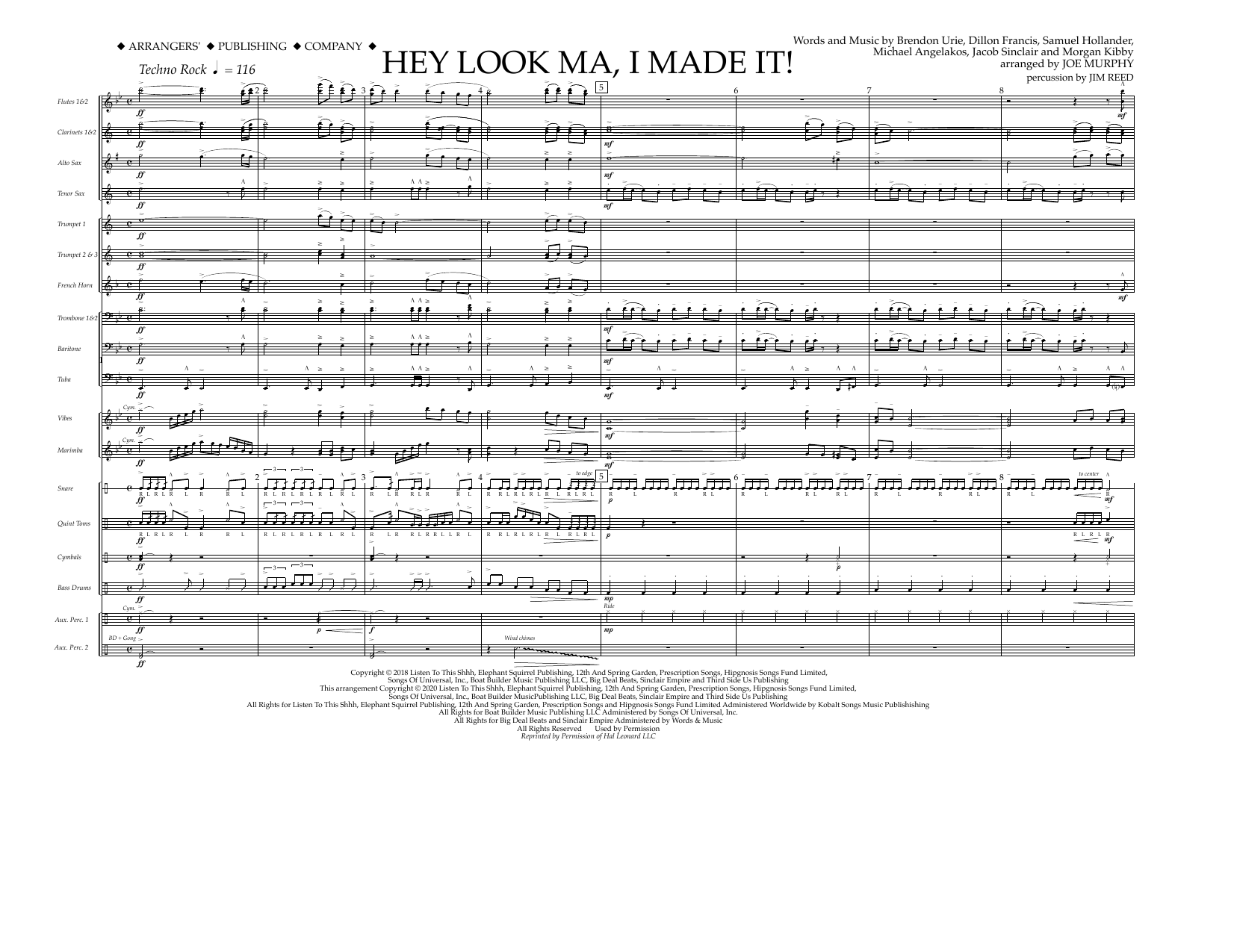 Panic! At The Disco Hey Look Ma, I Made It (arr. Joe Murphy) - Full Score sheet music, chords, lyrics - Printable PDF for Marching Band
