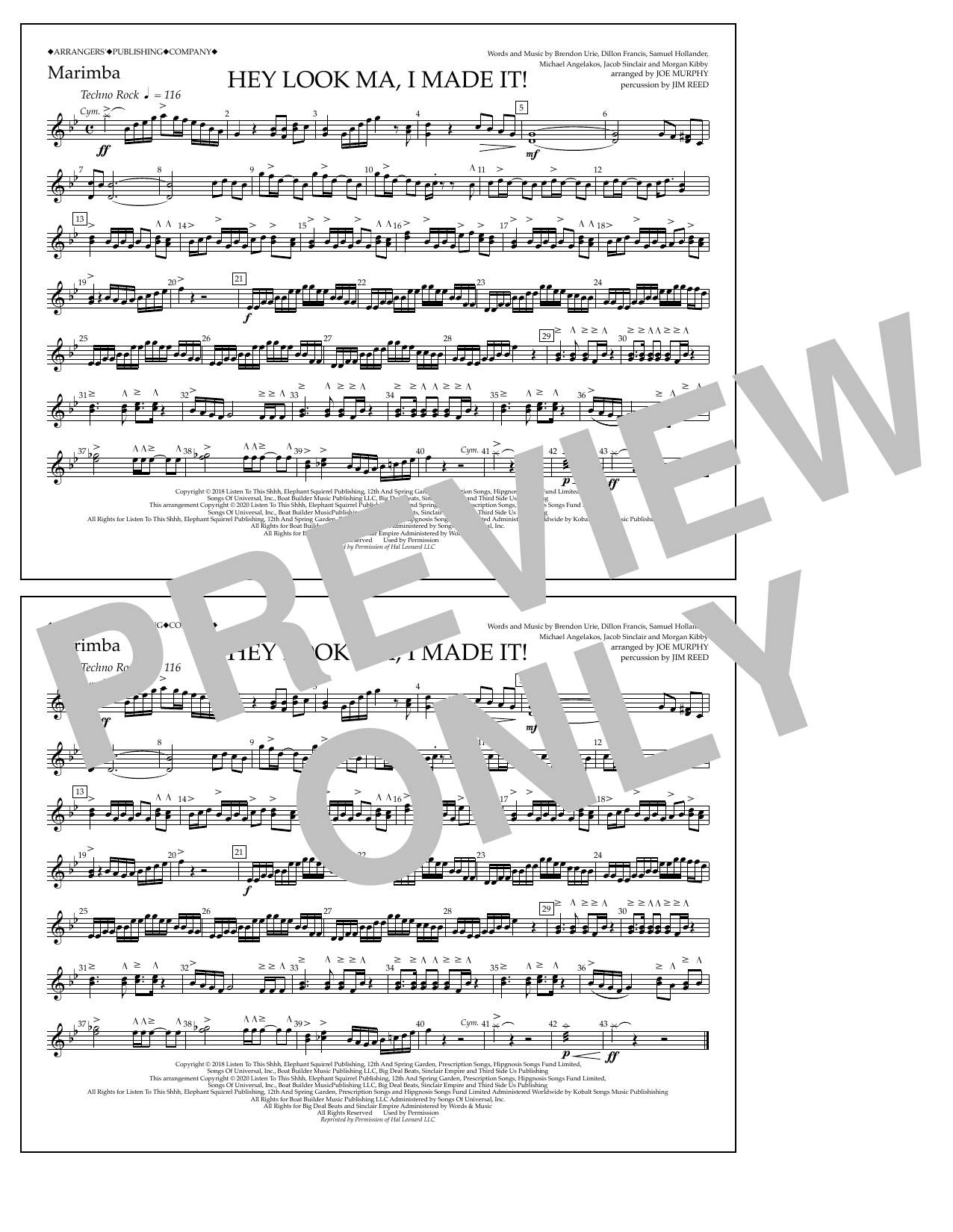 Panic! At The Disco Hey Look Ma, I Made It (arr. Joe Murphy) - Marimba sheet music, chords, lyrics - Printable PDF for Marching Band