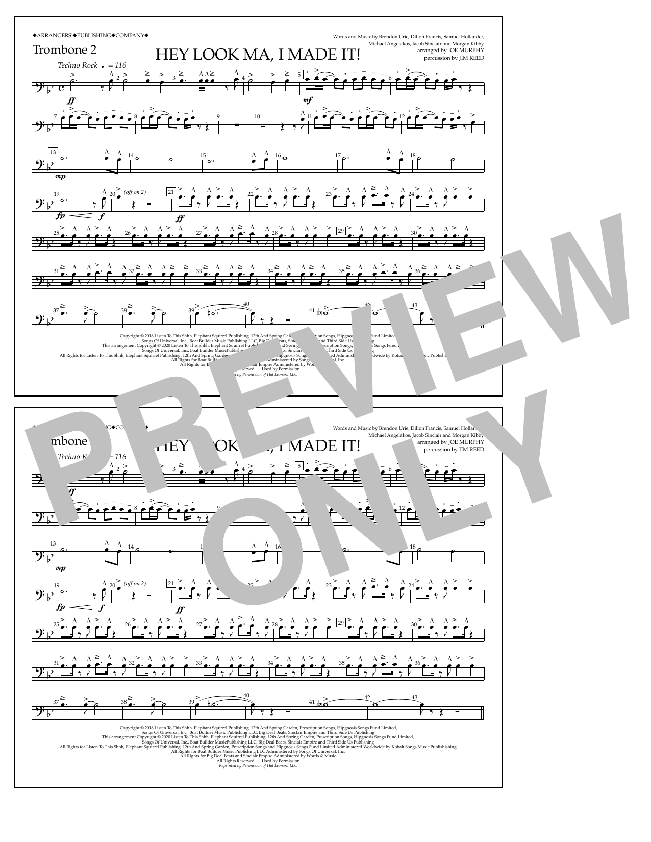 Panic! At The Disco Hey Look Ma, I Made It (arr. Joe Murphy) - Trombone 2 sheet music, chords, lyrics - Printable PDF for Marching Band