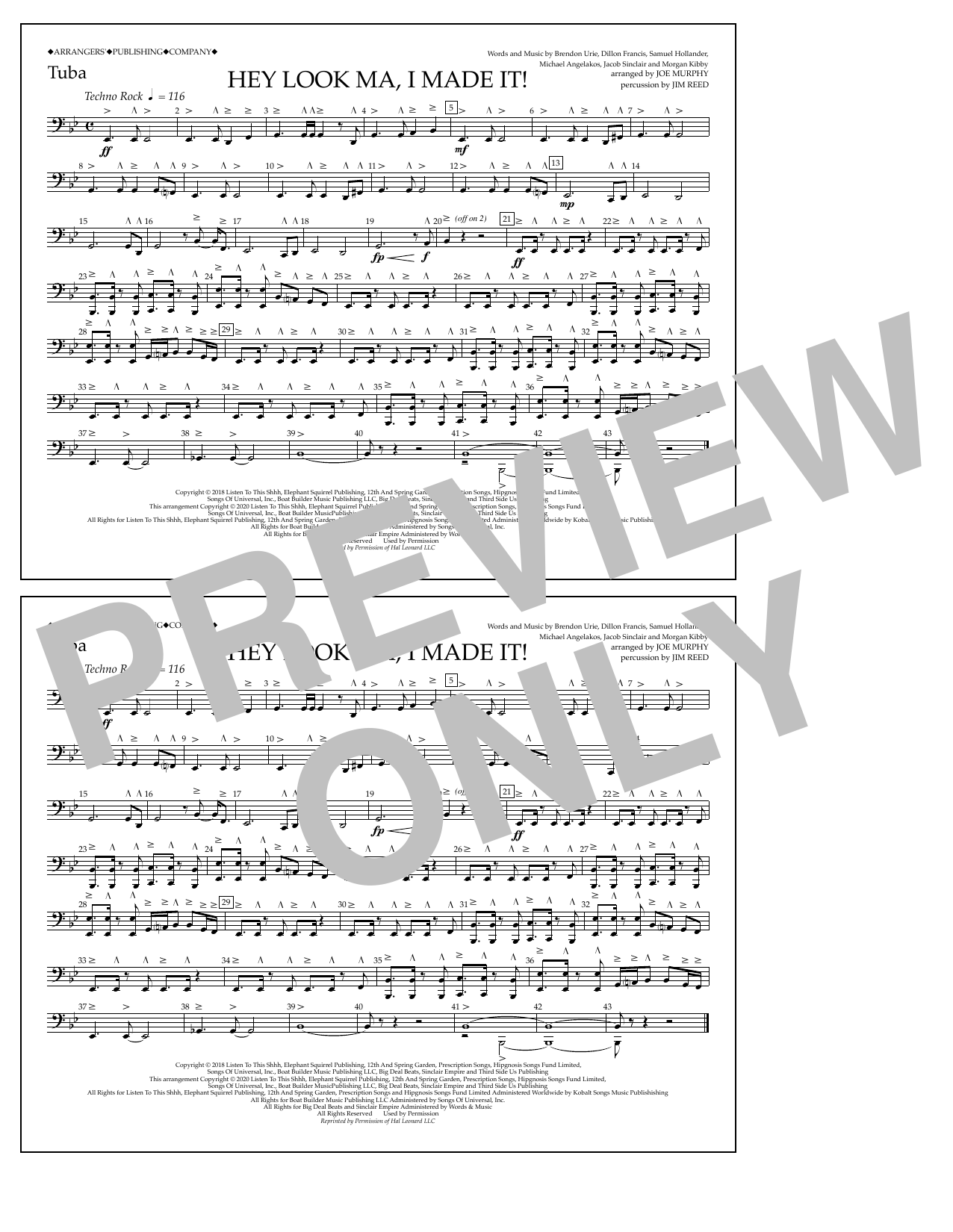Panic! At The Disco Hey Look Ma, I Made It (arr. Joe Murphy) - Tuba sheet music, chords, lyrics - Printable PDF for Marching Band