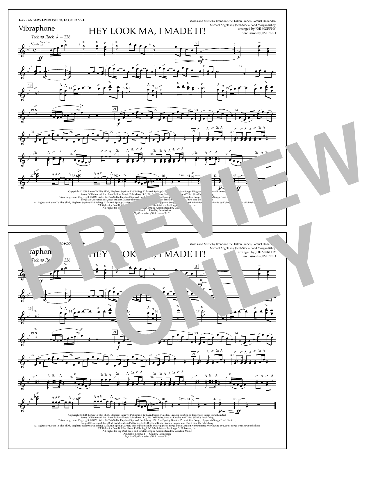 Panic! At The Disco Hey Look Ma, I Made It (arr. Joe Murphy) - Vibraphone sheet music, chords, lyrics - Printable PDF for Marching Band