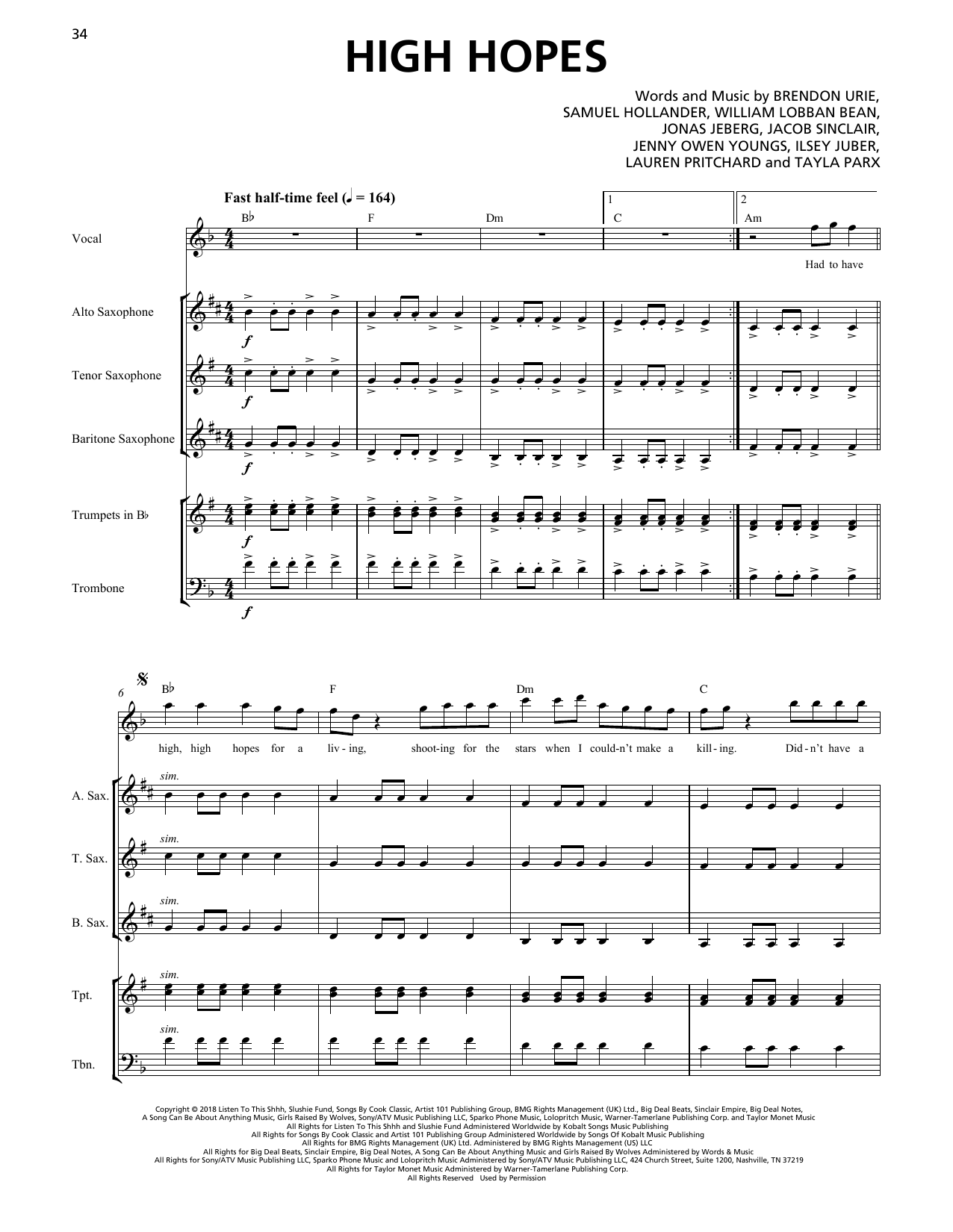 Panic! At The Disco High Hopes (Horn Section) sheet music, chords, lyrics - Printable PDF for Transcribed Score