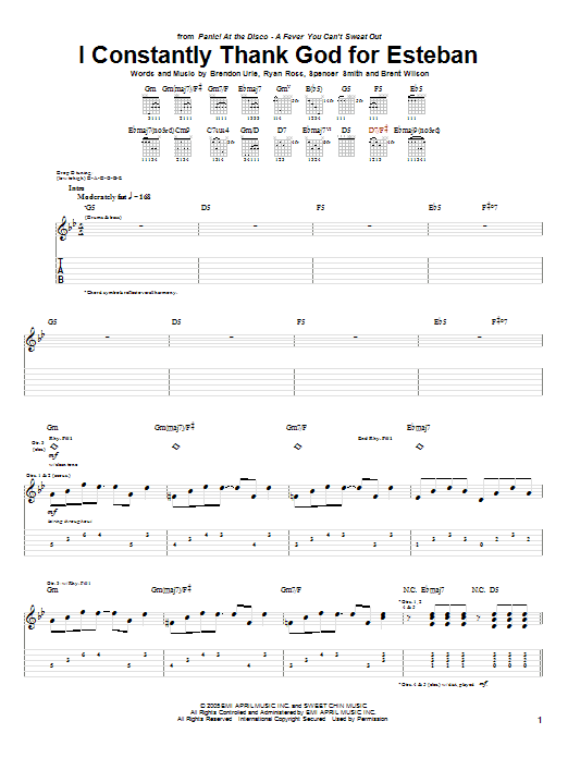 Panic! At The Disco I Constantly Thank God For Esteban sheet music, chords, lyrics - Printable PDF for Guitar Tab