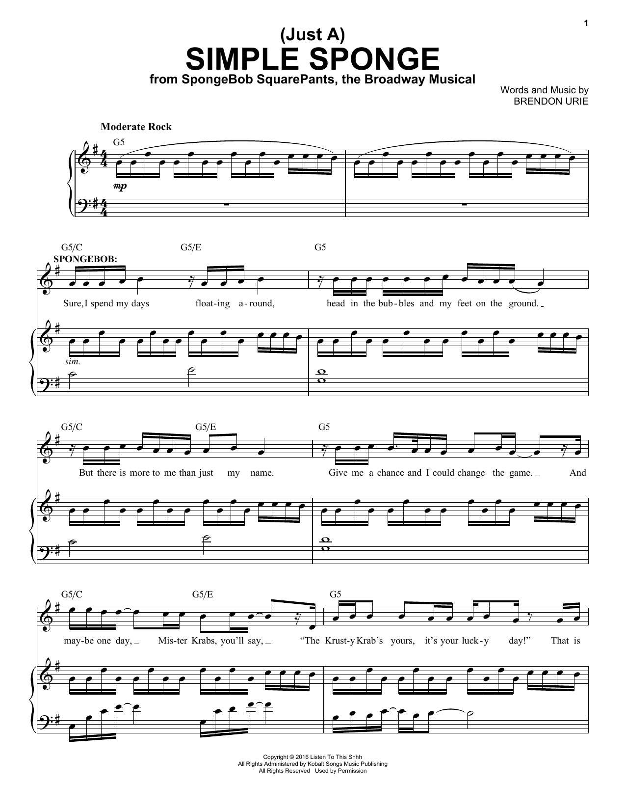 Panic! At The Disco (Just A) Simple Sponge (from Spongebob Squarepants, The Broadway Musical) sheet music, chords, lyrics - Printable PDF for Piano & Vocal