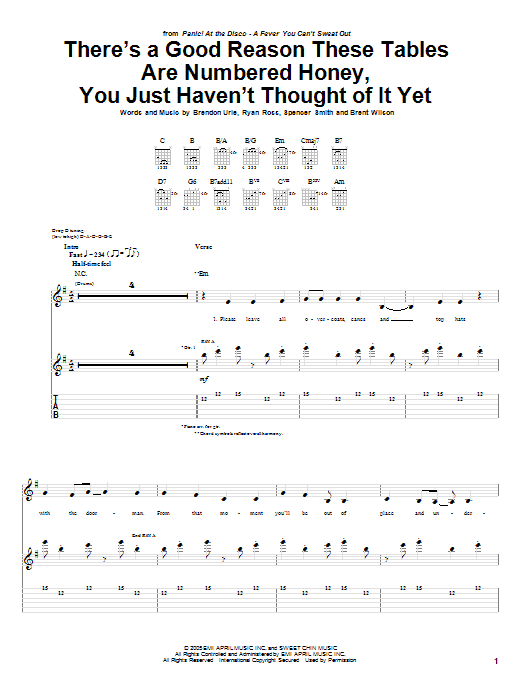 Panic! At The Disco There's A Good Reason These Tables Are Numbered Honey, You Just Haven't Thought Of It Yet sheet music, chords, lyrics - Printable PDF for Guitar Tab