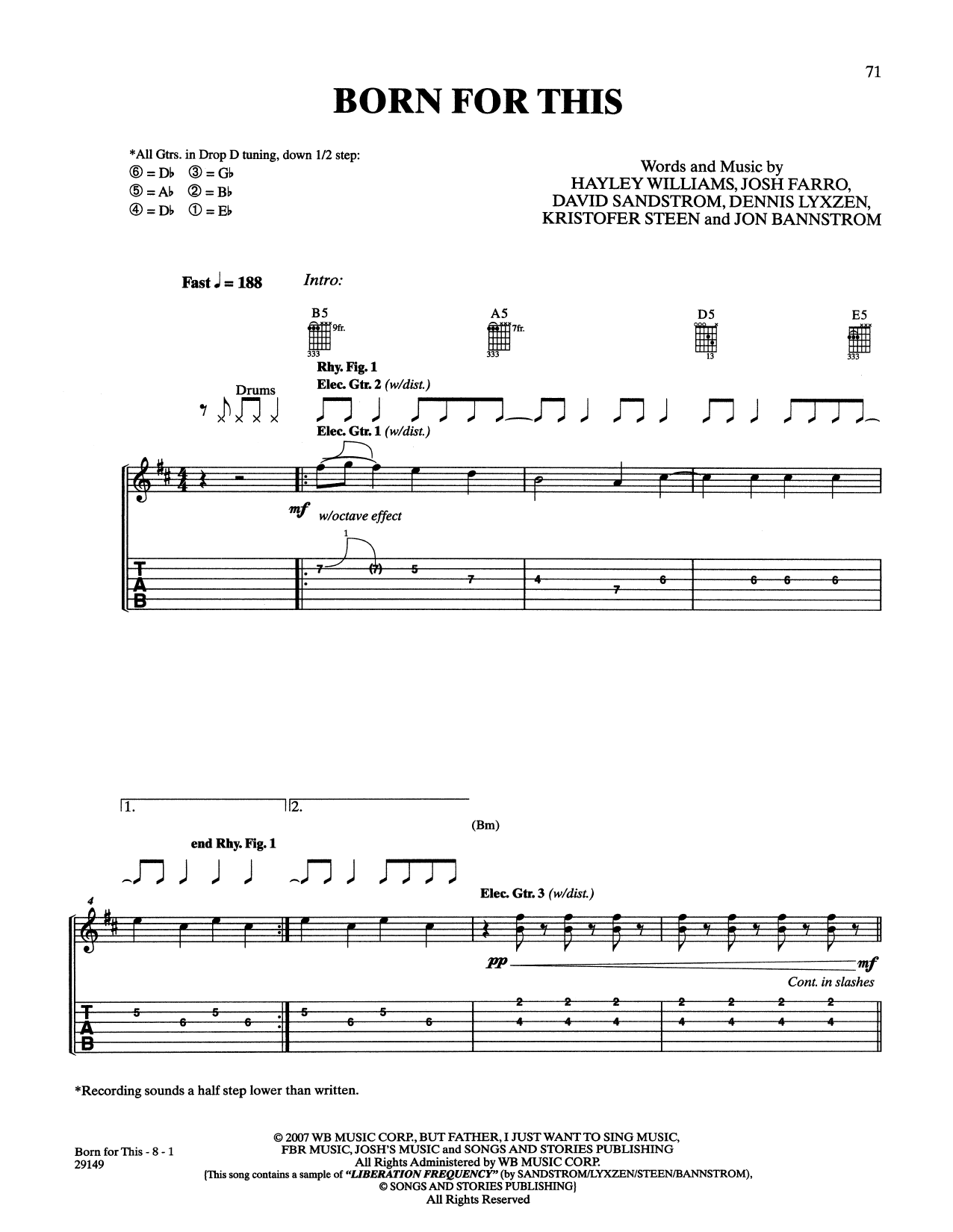 Paramore Born For This sheet music, chords, lyrics - Printable PDF for Guitar Tab