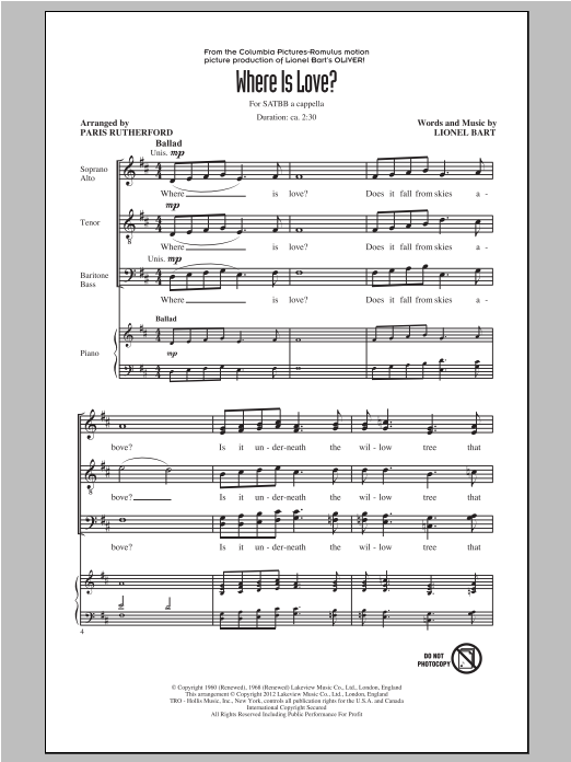Lionel Bart Where Is Love? (arr. Paris Rutherford) sheet music, chords, lyrics - Printable PDF for SATB