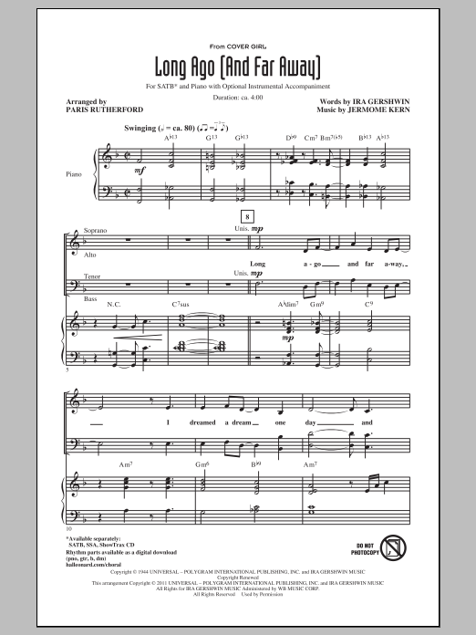 Jerome Kern Long Ago (And Far Away) (arr. Paris Rutherford) sheet music preview music notes and score for SSA including 15 page(s)