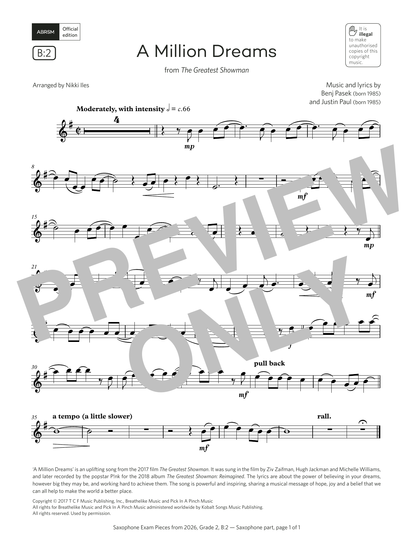 Pasek & Paul A Million Dreams (Grade 2, list B2, from the ABRSM Saxophone Syllabus from 2026) sheet music, chords, lyrics - Printable PDF for Alto Sax Solo