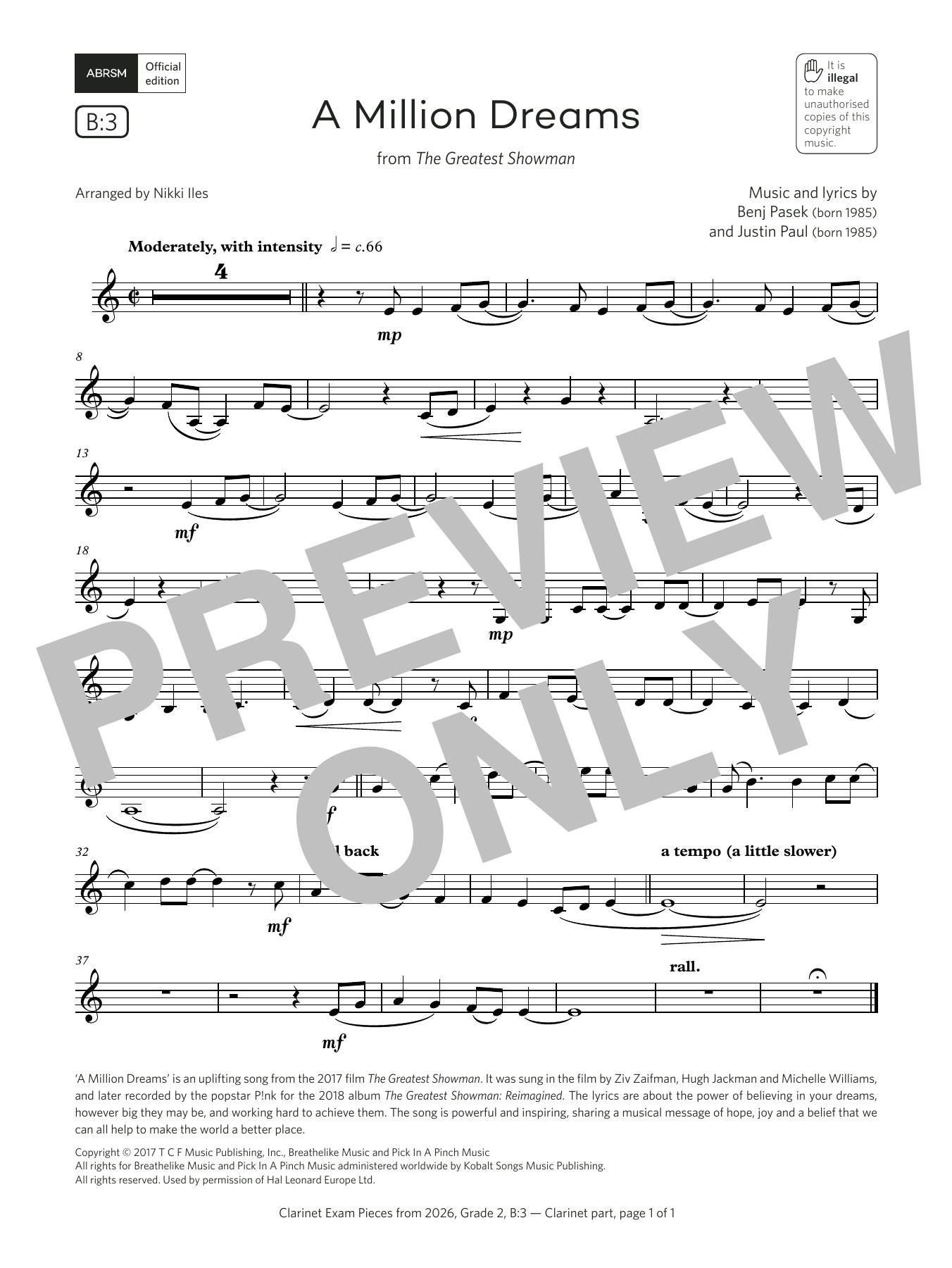 Pasek & Paul A Million Dreams (Grade 2, list B3, from the ABRSM Clarinet Syllabus from 2026) sheet music, chords, lyrics - Printable PDF for Clarinet Solo