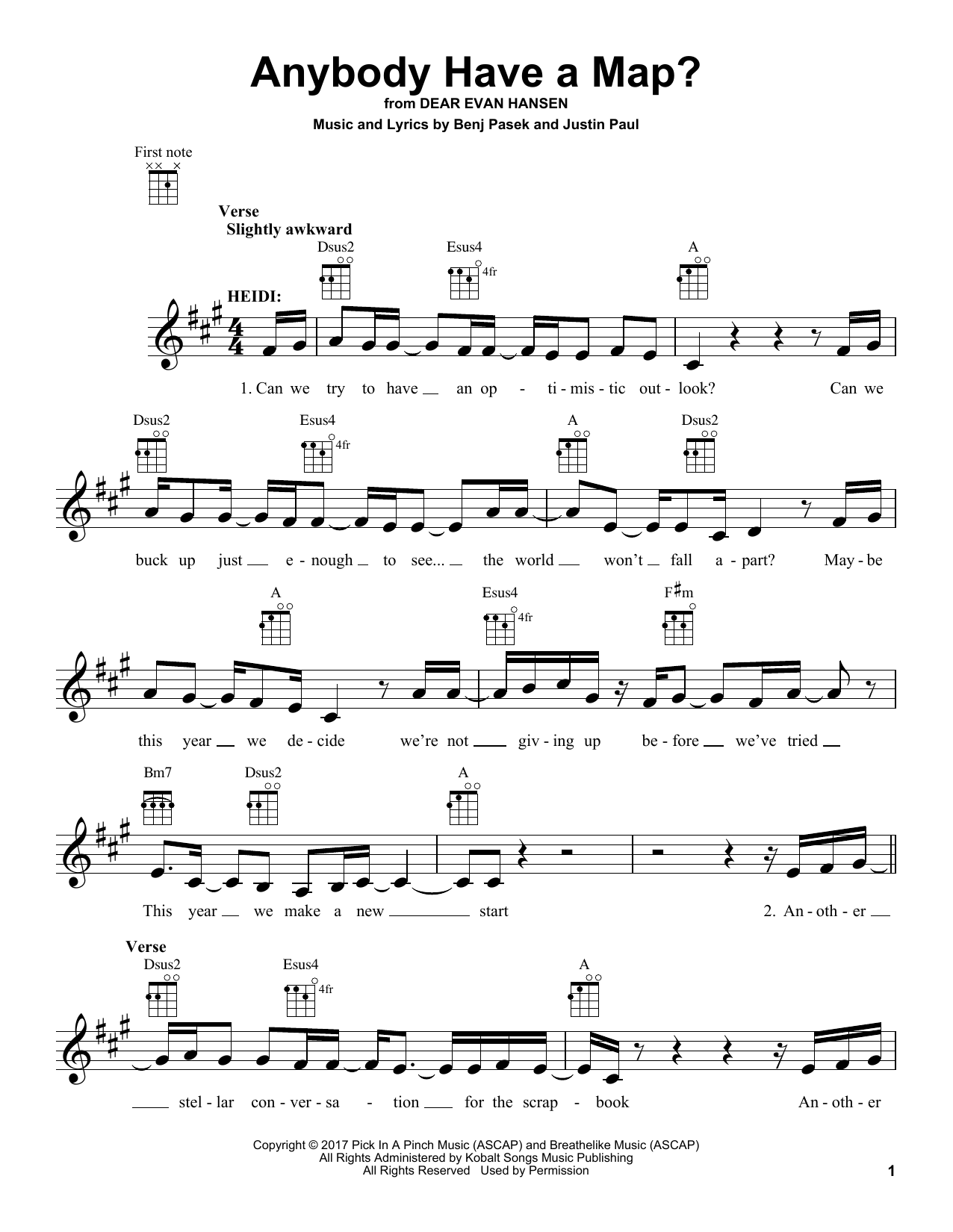 Pasek & Paul Anybody Have A Map? (from Dear Evan Hansen) sheet music, chords, lyrics - Printable PDF for UKEDEH
