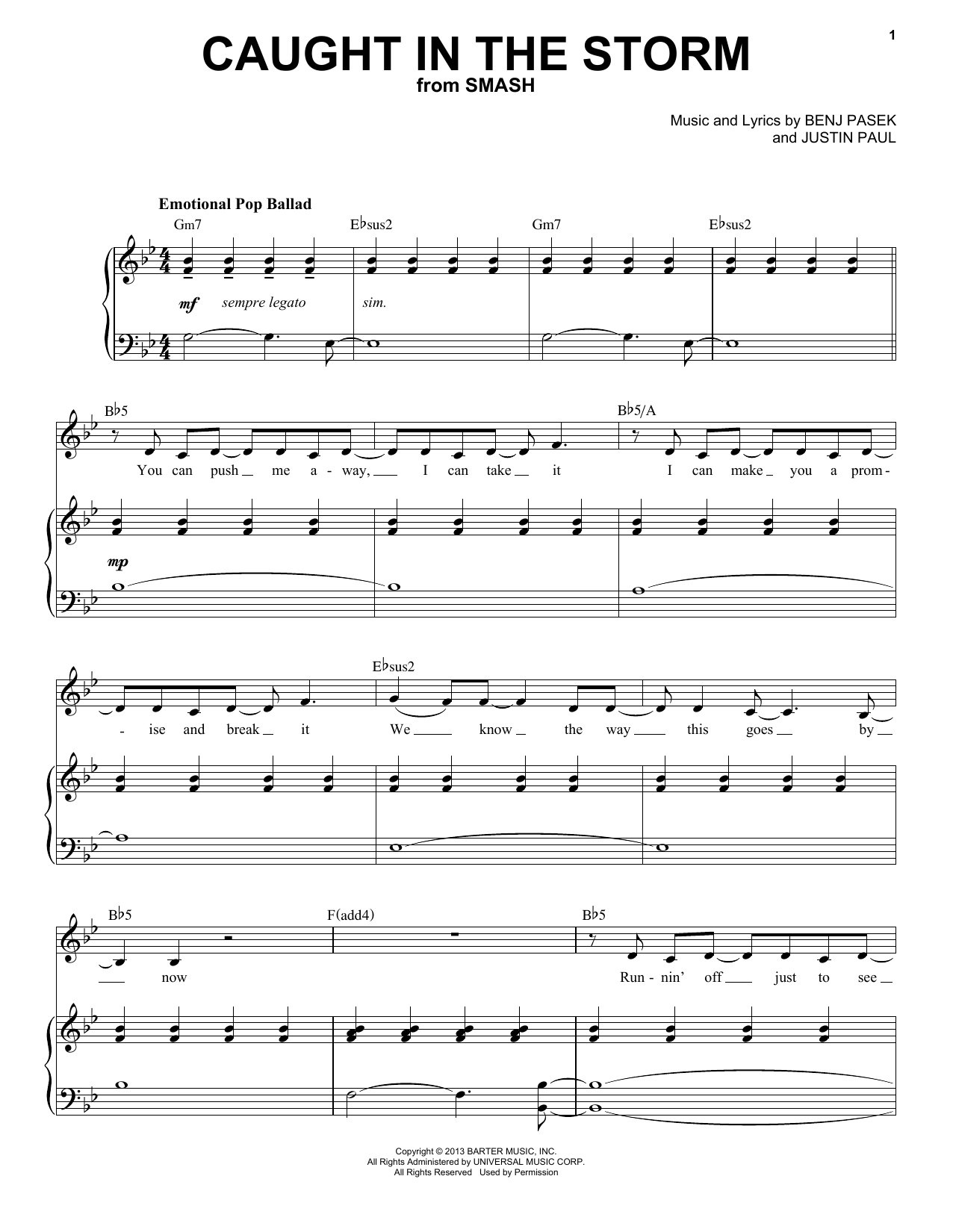 Pasek & Paul Caught In The Storm (from Smash) sheet music, chords, lyrics - Printable PDF for Piano & Vocal