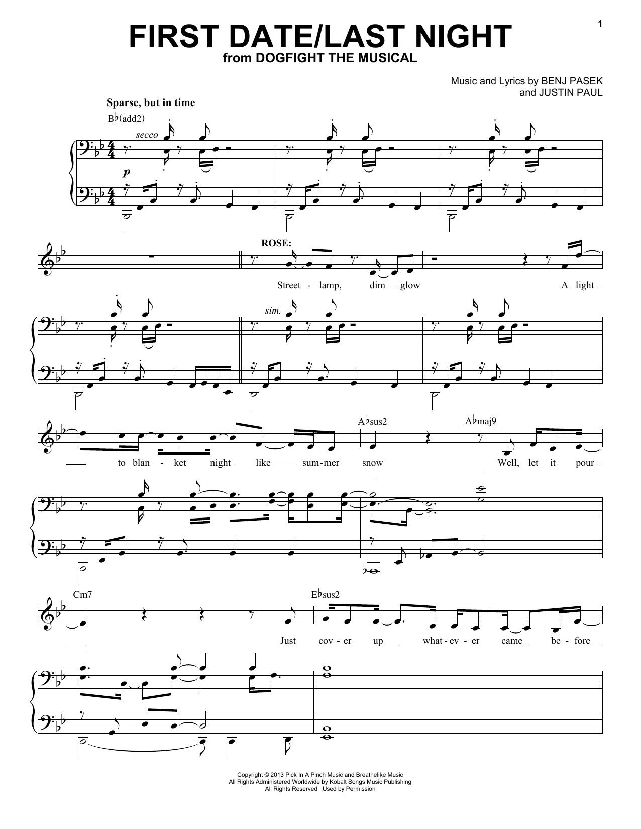 Pasek & Paul First Date/Last Night (from Dogfight) sheet music, chords, lyrics - Printable PDF for Piano & Vocal